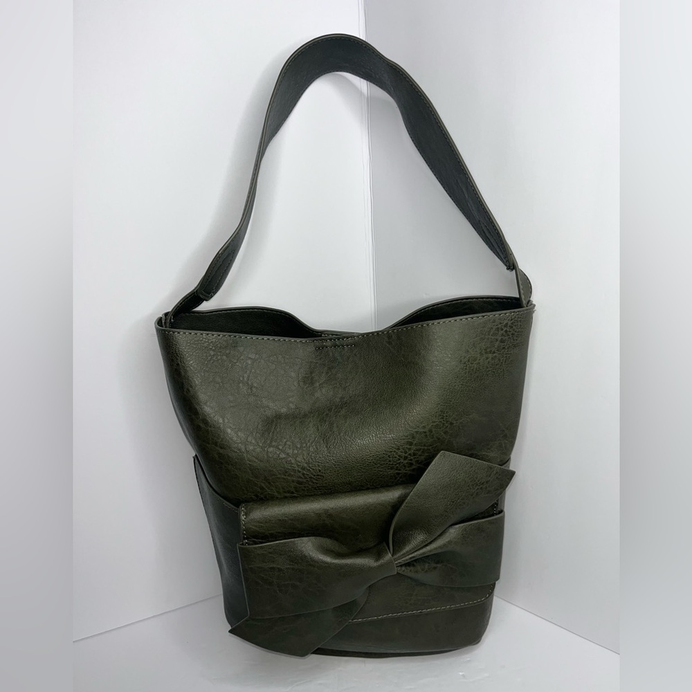 Elegant Anthropologie Olive Green Tote Bag with Detachable bow clutch